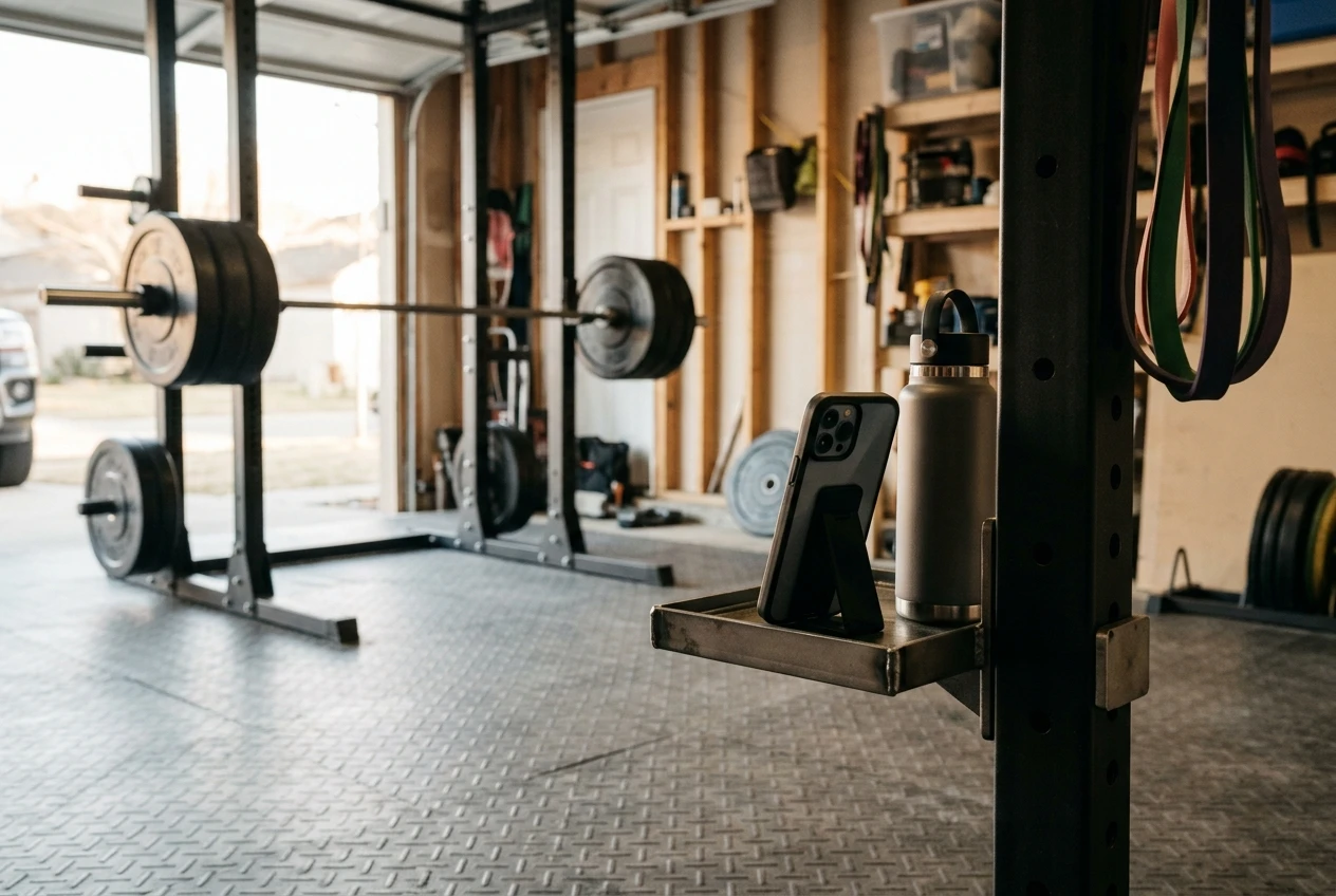 A phone propped against a rack upright with a water bottle at hip height in a home garage gym, lens aimed across the floor at a loaded barbell on a squat rack. Warm daylight from a side door, grey rubber flooring, black steel rack.