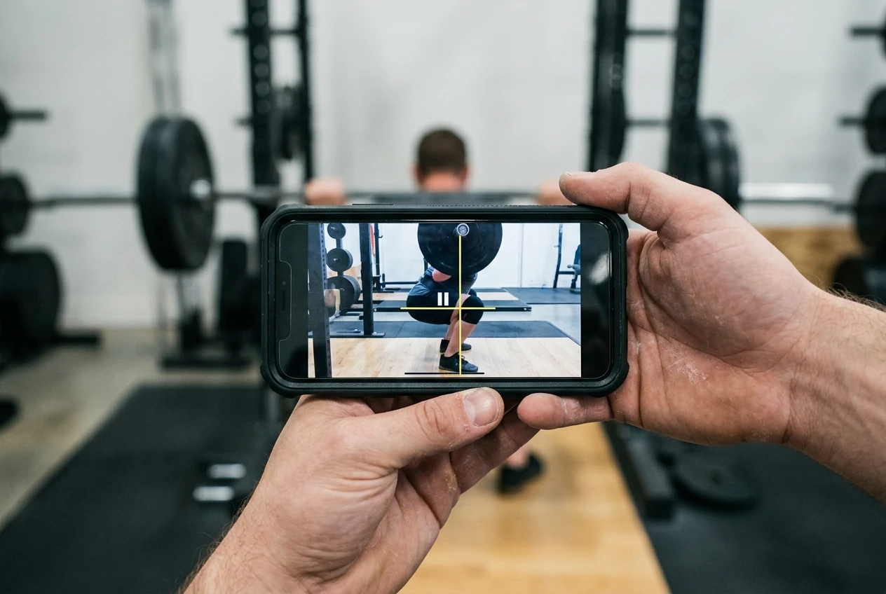 Close view of a phone screen paused on a side-view squat frame at the lowest point, with a thin yellow horizontal line drawn across the knee and a vertical line dropping from the barbell to the mid-foot. The lifter's hand holds the phone between sets, with a rack blurred behind.