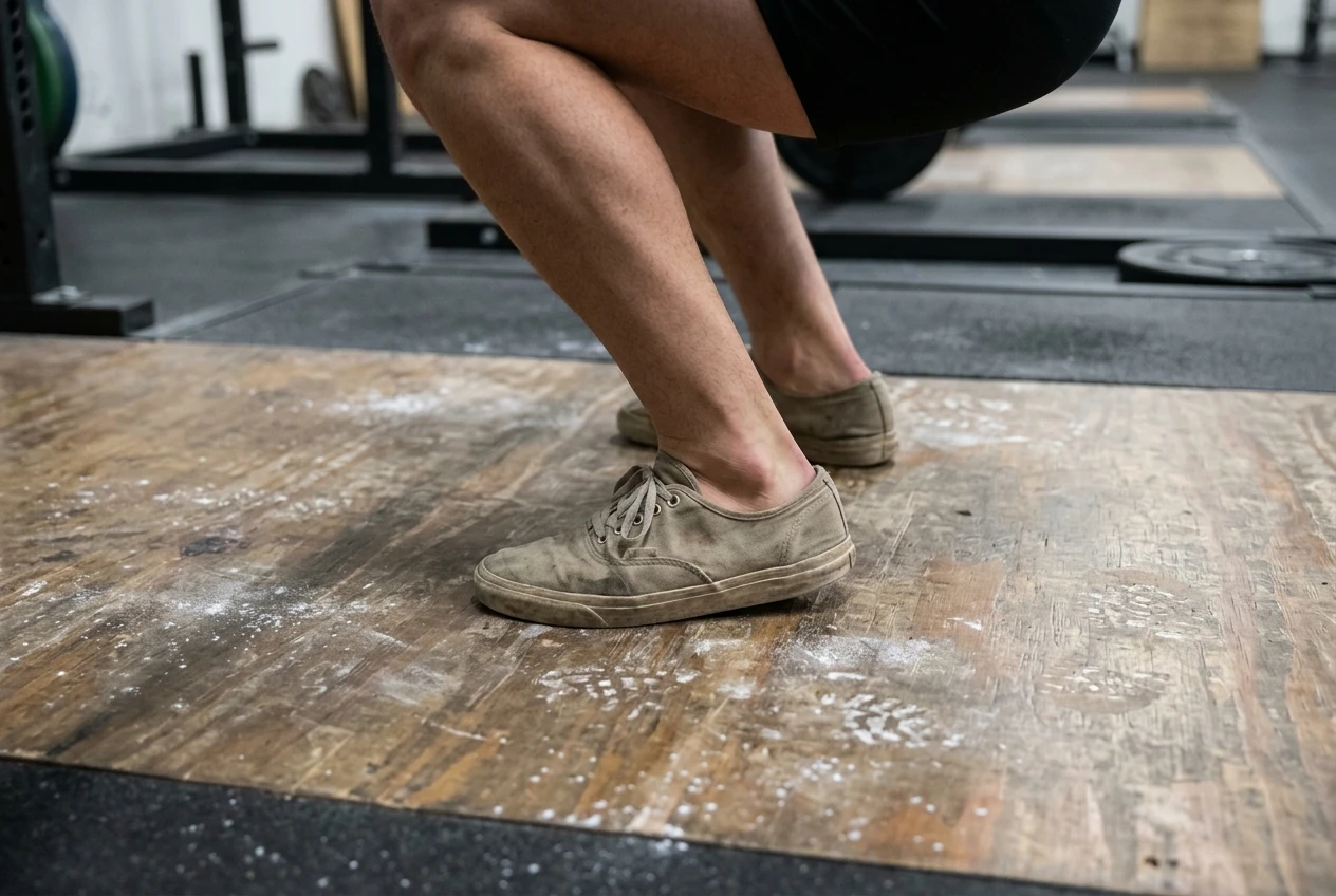 Side-on photograph of a lifter's feet in the bottom of a squat on a wooden platform, one heel visibly raised off the floor with a small gap beneath it, the other foot flat. Worn flat-soled shoes, chalk dust on the boards, soft overhead gym light.