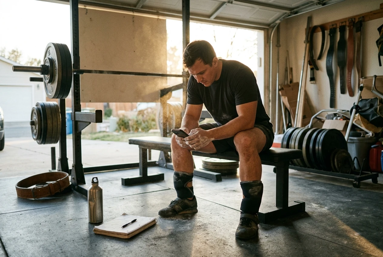 A lifter sitting on a bench between sets, chalky hands holding a phone and watching a replay of their squat, with a notebook and pen and a water bottle beside them, barbell loaded on the rack behind. Late-afternoon light through a garage door.