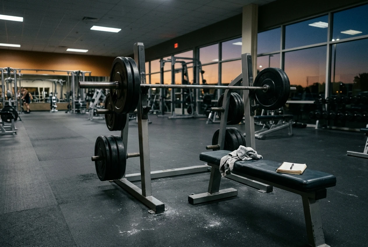 A barbell loaded with plates resting in a squat rack in a quiet, uncrowded gym in early evening, a chalked towel and a small notebook on a bench nearby, cool overhead light with warm window glow.
