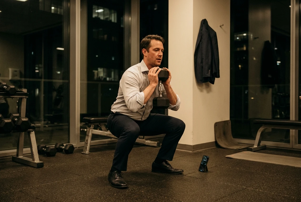A man in work trousers and a rolled-up dress shirt doing a single set of goblet squats in a small corner of an office-building gym late in the evening, suit jacket hung on a hook, a phone timer propped on the floor, dim warm light.