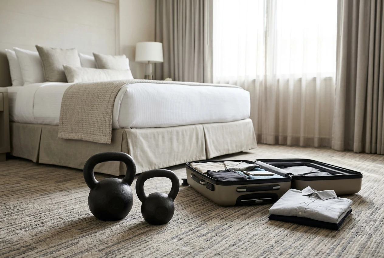 Two kettlebells of different sizes on the floor of a hotel room beside an open carry-on suitcase, a neatly folded shirt and a made bed in the background, soft daylight from a curtained window, neutral beige and grey tones.