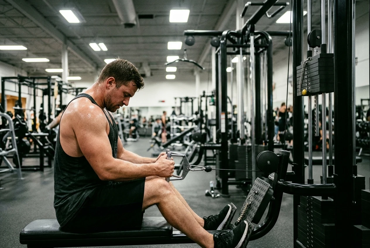 A lifter seated at a cable row machine just after finishing a hard set, hands still on the handle, with the weight stack paused partway up and a pin set in a plate. Bright commercial-gym light, black and chrome machine, faint sweat on the lifter's shoulders.