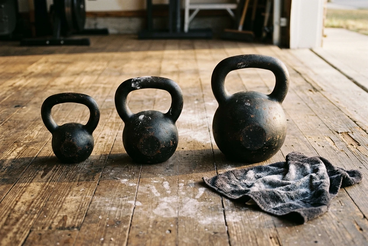 Three cast-iron kettlebells in ascending sizes lined up on a worn wooden garage floor, with a visible gap in size between the second and third. Warm side light from an open garage door, a chalk-dusted towel beside them.
