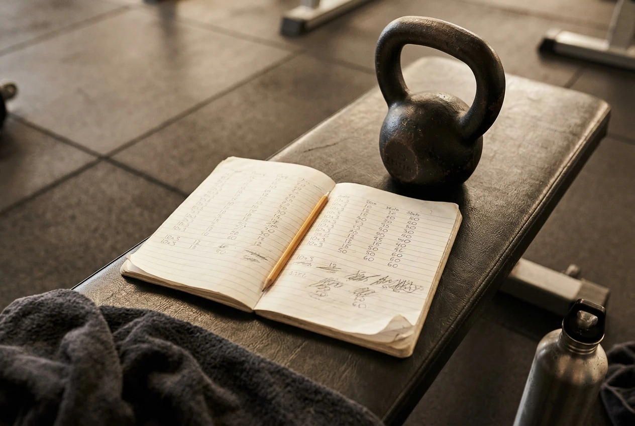 A paper training notebook lying open on a gym bench beside a kettlebell, with a pencil resting in the crease and handwritten rows of numbers on the page. Warm overhead light, a water bottle and a towel at the edge of the frame.