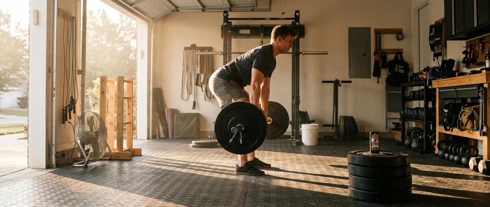 Side view of a loaded barbell stopped at mid-thigh height on a lifter in a bright garage gym, hips still slightly bent, black bumper plates, rubber floor, and a phone propped on a plate stack in the background to film the set, warm morning light from a side door.