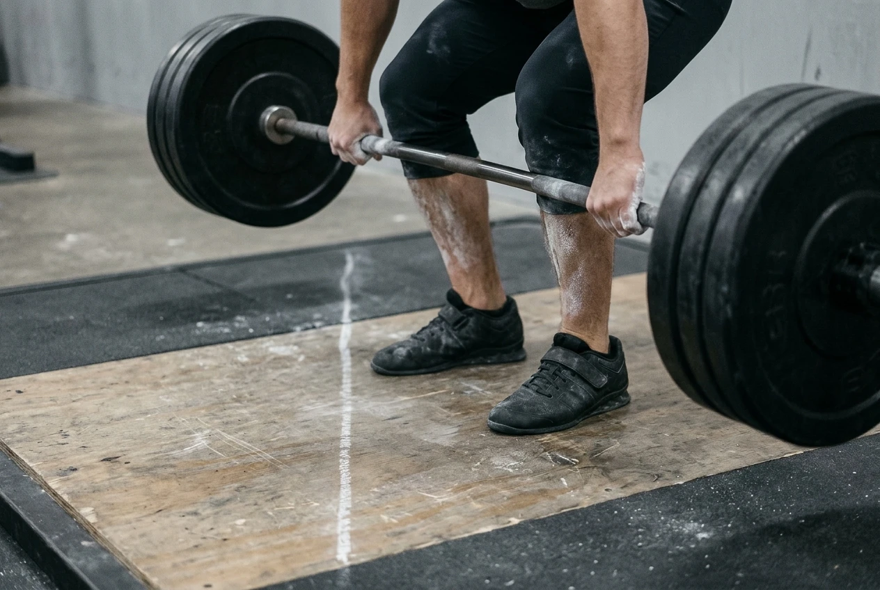 Close-up of a barbell passing the knees with a visible gap between the bar and the lifter's thighs, the bar curving forward over chalk-dusted shins, while a faint straight vertical line of chalk on the floor marks where the bar path should be, neutral gym light with grey and black tones.