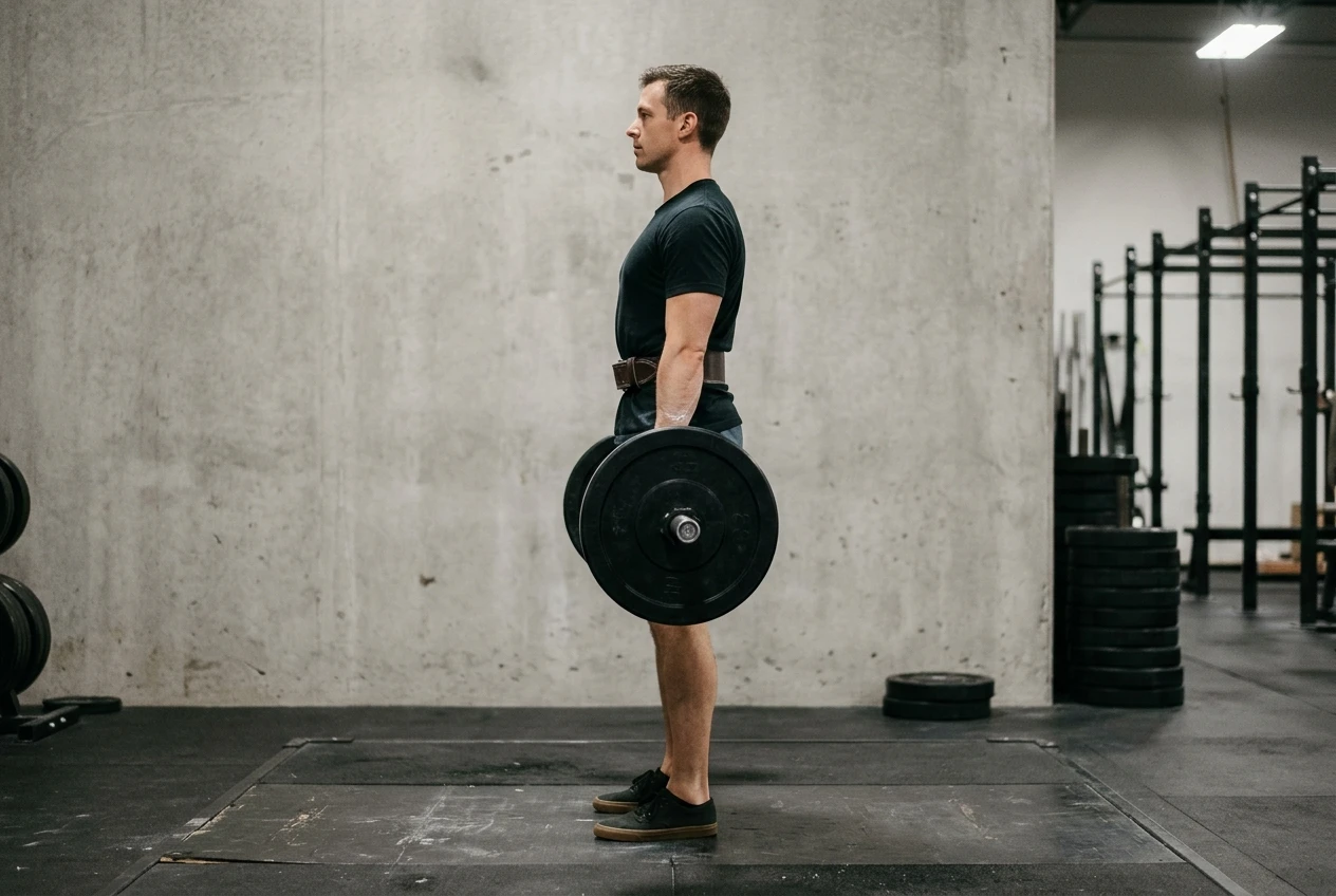 A lifter at the top of a deadlift seen from the side, standing tall with hips under shoulders and ribs stacked over the pelvis, the bar resting against the thighs, set in a clean gym with soft overhead light and a plain concrete wall behind.