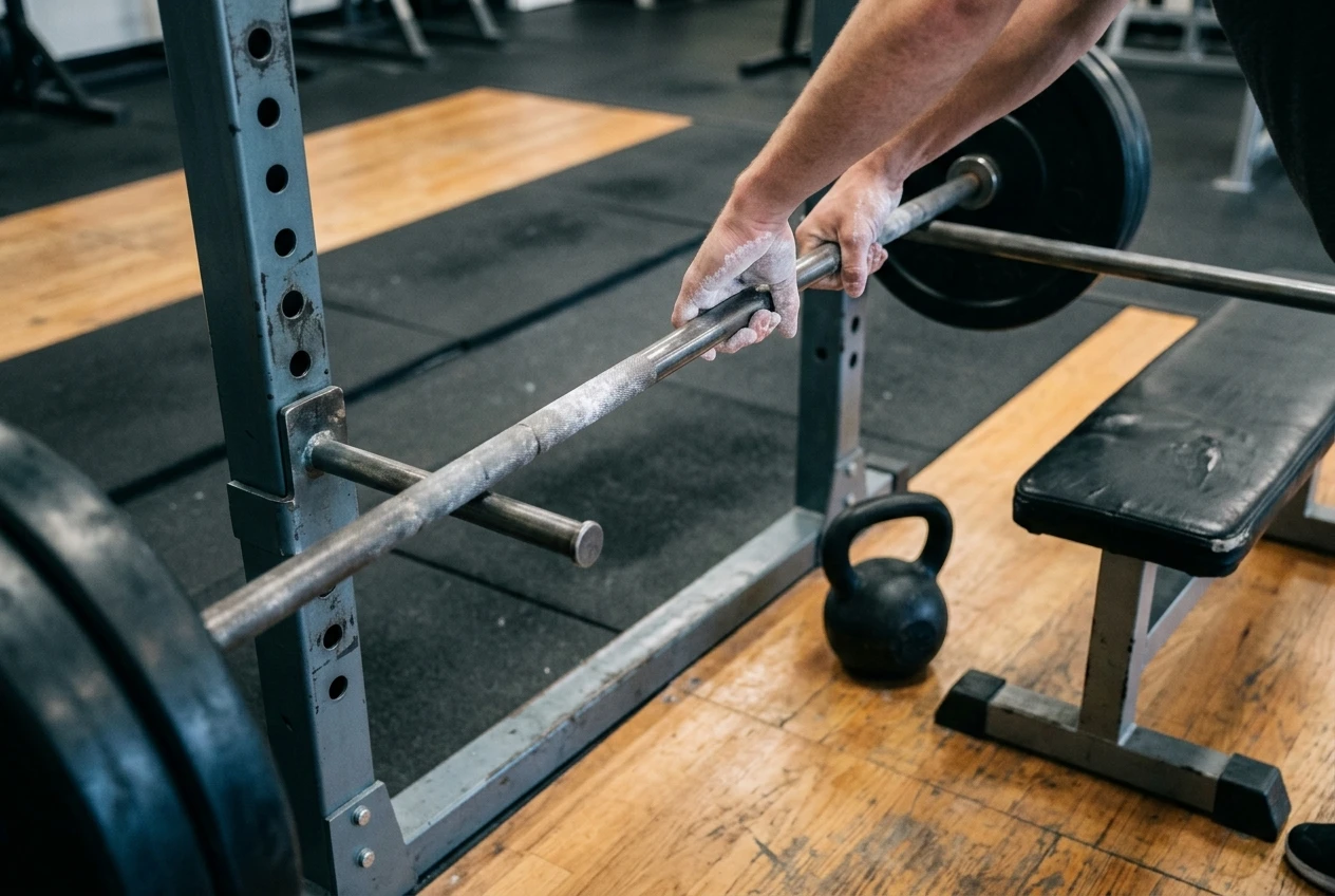 A barbell set on pins in a power rack at knee height, with a pair of chalky hands gripping it, beside a kettlebell and a padded hip thrust bench on a rubber gym floor, cool steel greys with warm wood-toned flooring.