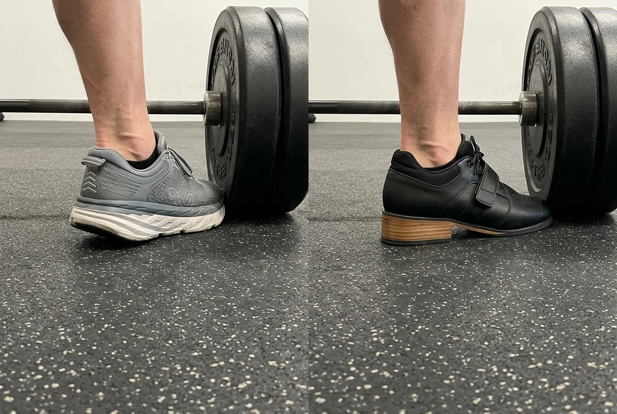 %Back exercises for seniors% 48 Side-by-side close-up on a rubber gym floor: a cushioned running shoe with its foam midsole visibly squashed and tilted under a loaded barbell, next to a firm-soled raised-heel lifting shoe with a wooden-look heel sitting level. Bright, even gym light with grey and black tones.