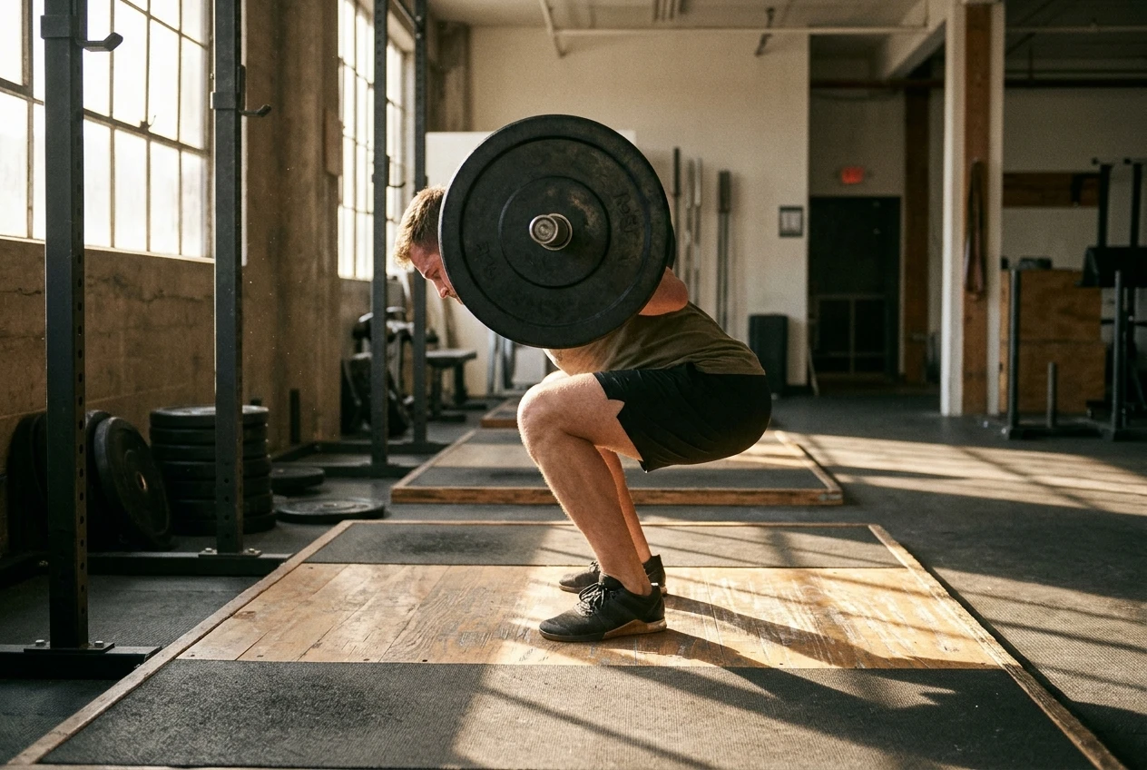 %Back exercises for seniors% 49 Side-on view of a lifter at the bottom of a squat on a wooden platform, one heel lifting off the floor with the shin barely tilted and the torso folding forward. A loaded barbell sits on the back and warm window light falls from the side.