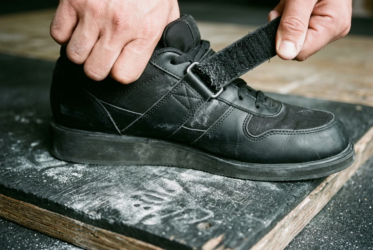 %Back exercises for seniors% 50 Close-up of a hand pulling tight the hook-and-loop midfoot strap on a black raised-heel lifting shoe resting on a chalk-dusted platform, with a thumb pressing the hard sole. Soft side light and crisp texture detail.