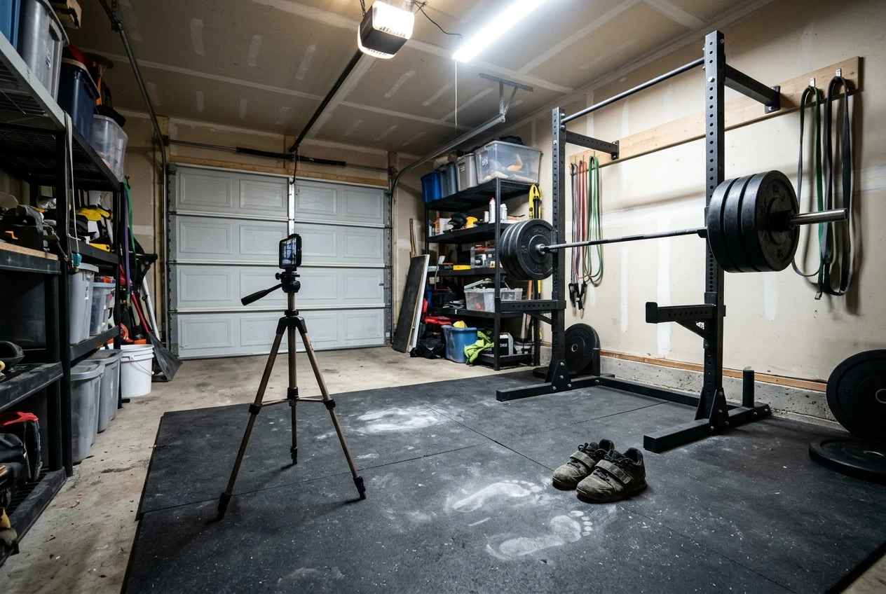 %Back exercises for seniors% 51 A phone propped on a tripod at hip height in a home garage gym, pointing side-on at an empty squat rack with a barbell loaded on the rack. A pair of lifting shoes and a pair of bare-foot floor marks sit in front of the rack, lit by a bright overhead light.