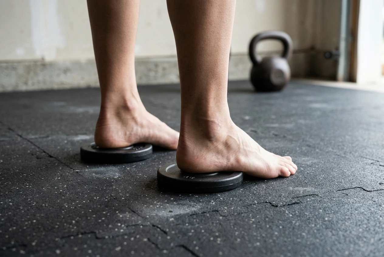 %Back exercises for seniors% 52 A pair of bare feet standing with each heel on a small flat black weight plate on a flat rubber floor, with a wall and a kettlebell in soft background focus. Neutral grey tones lit by daylight from a garage door.