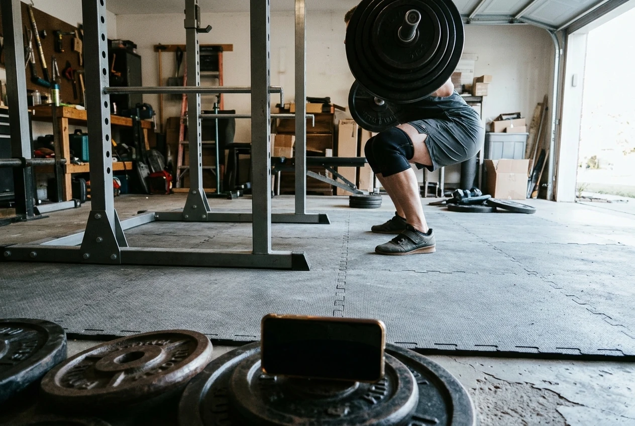 %Back exercises for seniors% 40 A phone propped on a stack of plates on a garage floor, aimed at an empty squat rack with a loaded barbell, a lifter's knee-sleeved legs just visible mid-squat in the frame, grey rubber flooring and cool daylight from an open door.
