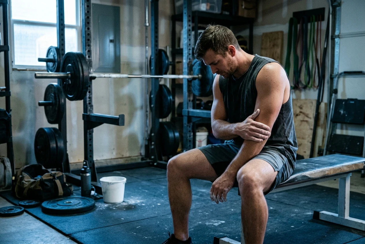 %Back exercises for seniors% 41 A lifter seated on the edge of a bench in a home gym at dawn, gently holding the outside of one elbow with the opposite hand, a chalk-marked barbell and rack softly blurred behind, cool blue morning light.