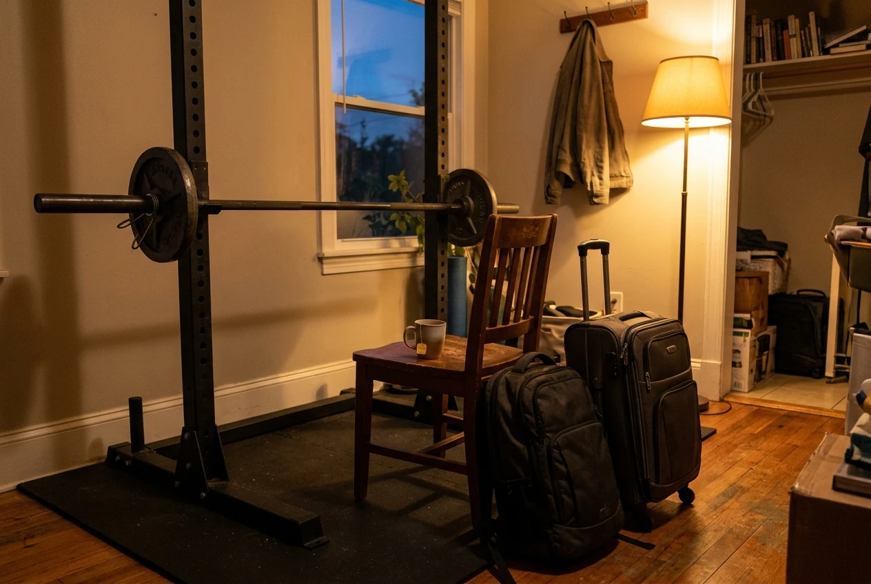 %Back exercises for seniors% 42 A barbell resting untouched in a home squat rack at dusk, a work bag, a packed suitcase and a half-finished mug of tea on a chair beside it, amber lamp light and a darkening window.