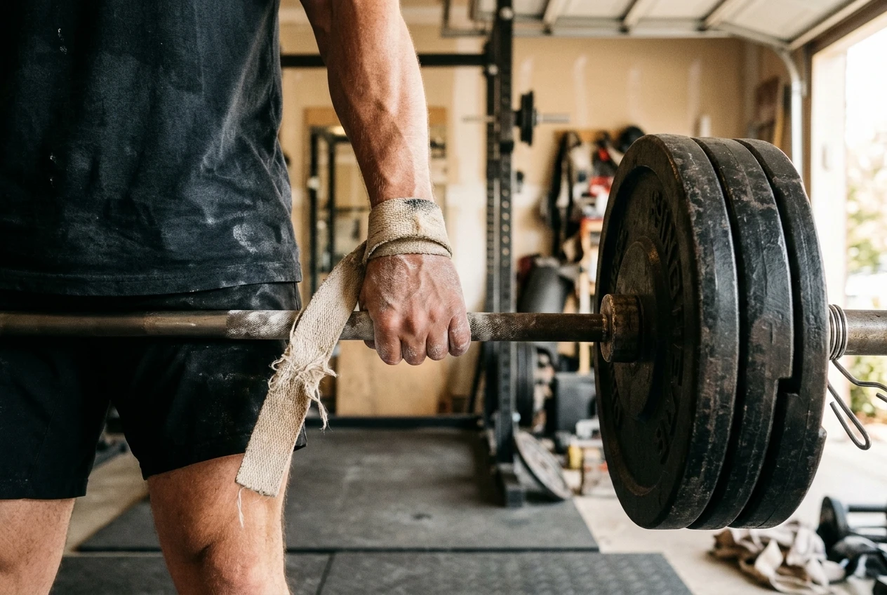 %Back exercises for seniors% 32 Close view of a loaded barbell held at hip height in a home gym, a worn cotton lifting strap wrapped tight around the bar and the lifter's wrist, with the traps raised at the top of a shrug. Warm side light, black iron plates, chalk dust on the knurling.