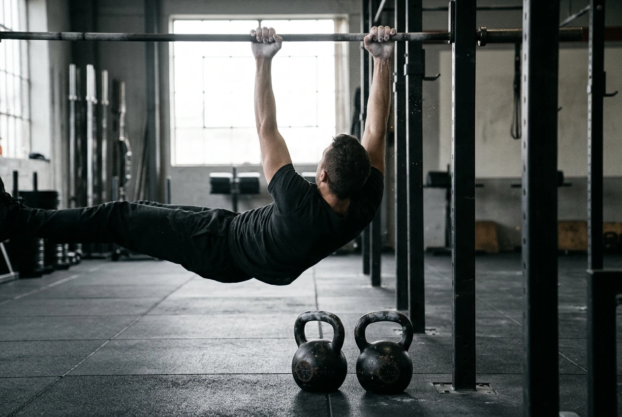 %Back exercises for seniors% 33 A lifter gripping a pull-up bar in a dead hang, knuckles whitened with chalk, with a pair of heavy kettlebells waiting on the rubber floor below for farmer carries. Bright gym window light, muted grey and black tones.