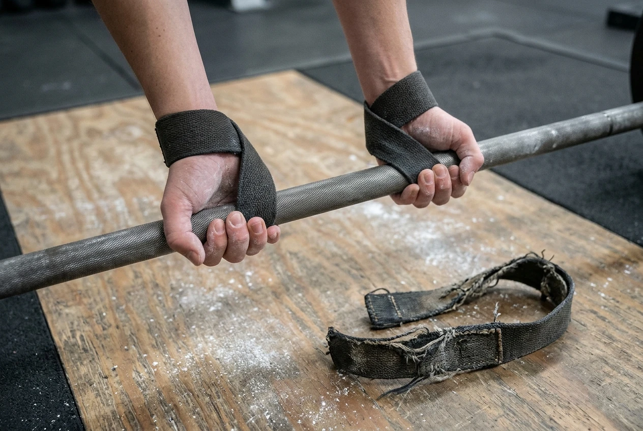 %Back exercises for seniors% 34 Two hands on a barbell showing a strap wrapped correctly, the loop snug at the wrist and the bar sitting in the palm near the base of the fingers, beside a second frayed strap with loose stitching laid on the platform for contrast. Soft overhead light, chalk-dusted wood floor.