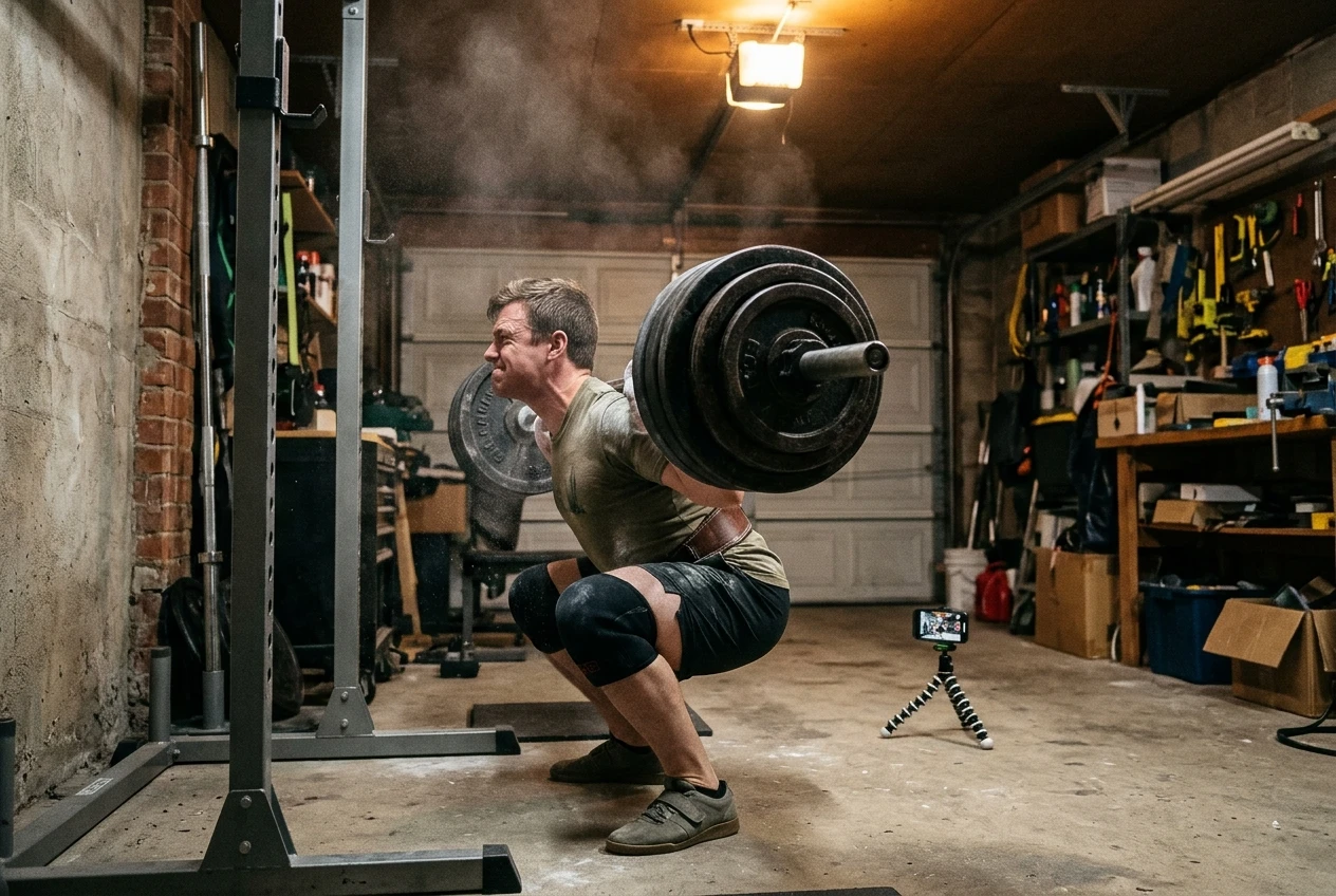 %Back exercises for seniors% 23 A side-on view of a lifter at the bottom of a heavy barbell squat in a dim garage gym, a phone on a small tripod a few metres away filming the rep, chalk dust in the air, warm overhead light on the plates and the lifter's strained face.