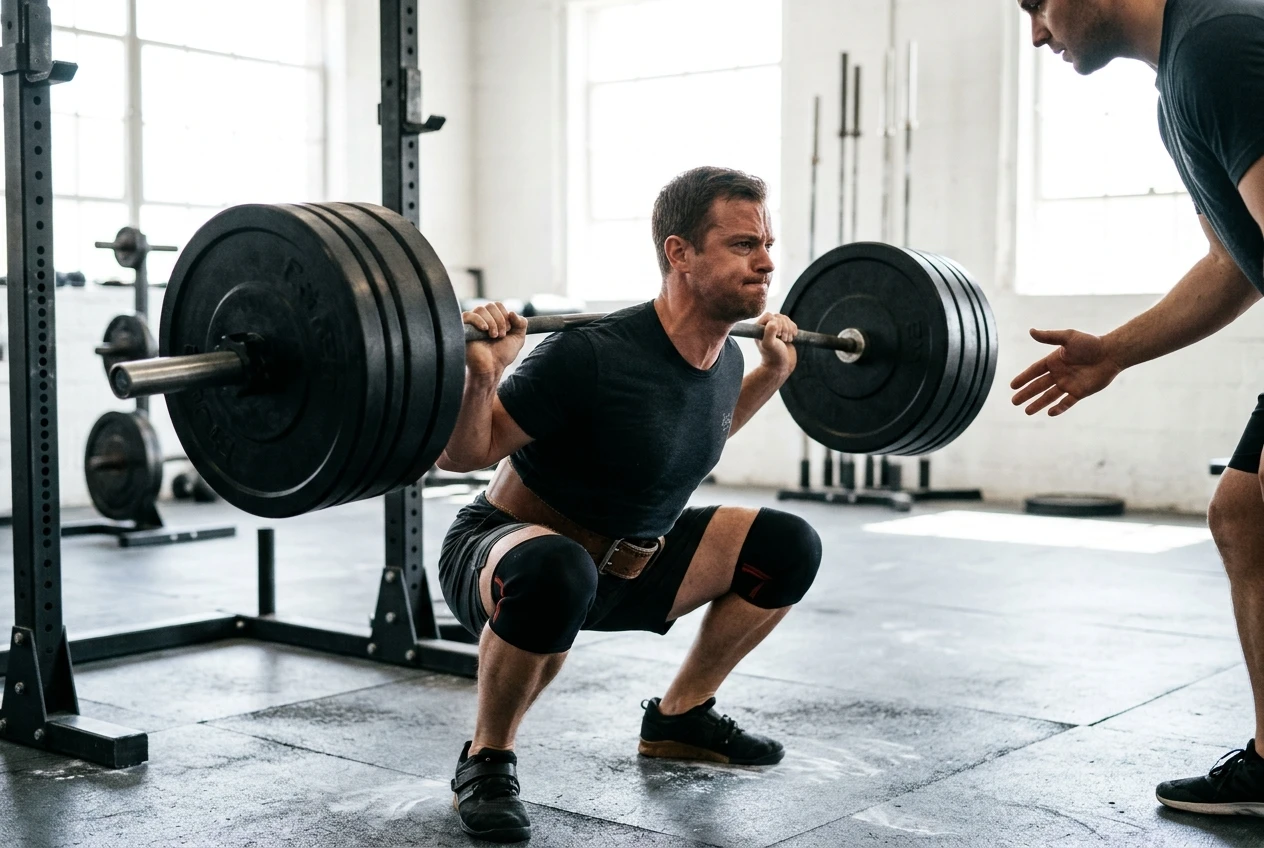 %Back exercises for seniors% 24 A lifter holding a pause squat in the bottom position, thighs below parallel, upper back tight against the bar, with a coach's hand hovering nearby and the barbell bending slightly under black plates, in a bright concrete-floored gym.