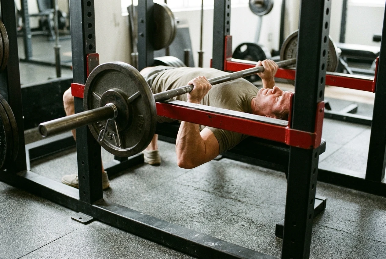 %Back exercises for seniors% 25 A close-grip bench press in a power rack, the bar stopped on safety pins just above the chest with a lifter's elbows tucked and triceps flared, side light picking out the forearm muscle, grey rubber flooring and red pins.
