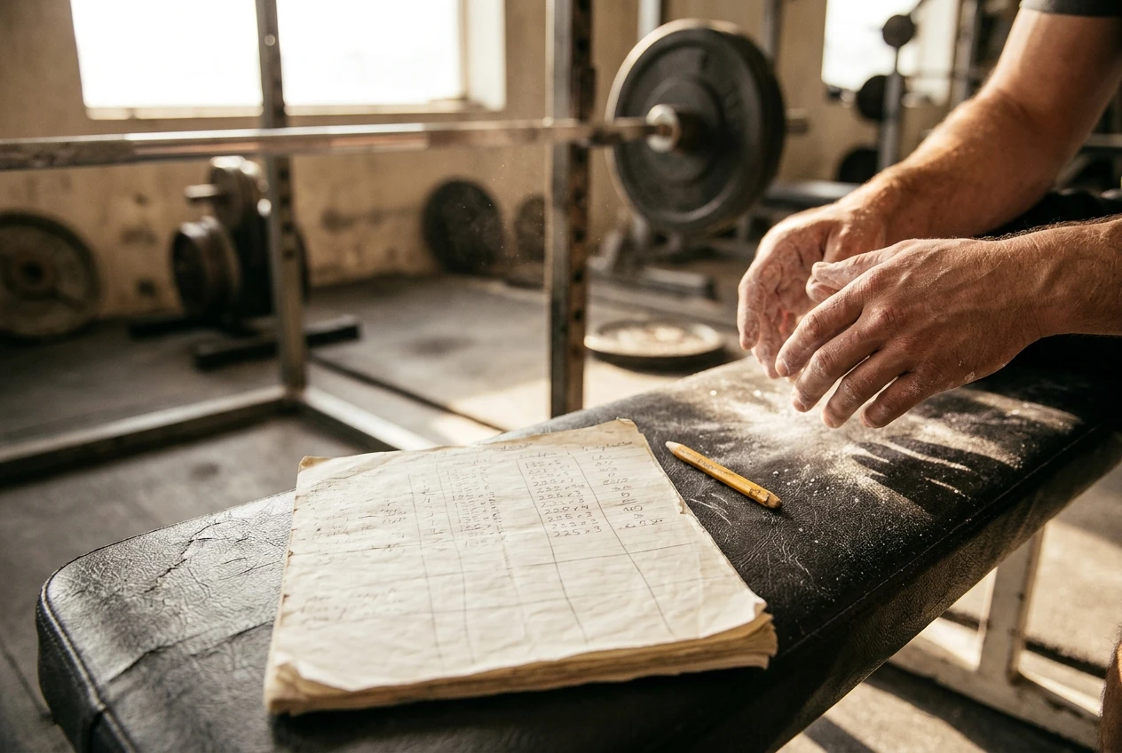 %Back exercises for seniors% 26 A worn paper training notebook open on a gym bench beside a pencil, chalk-dusted hands, and a loaded barbell in the soft-focus background, showing handwritten rows of weights and reps under warm window light.