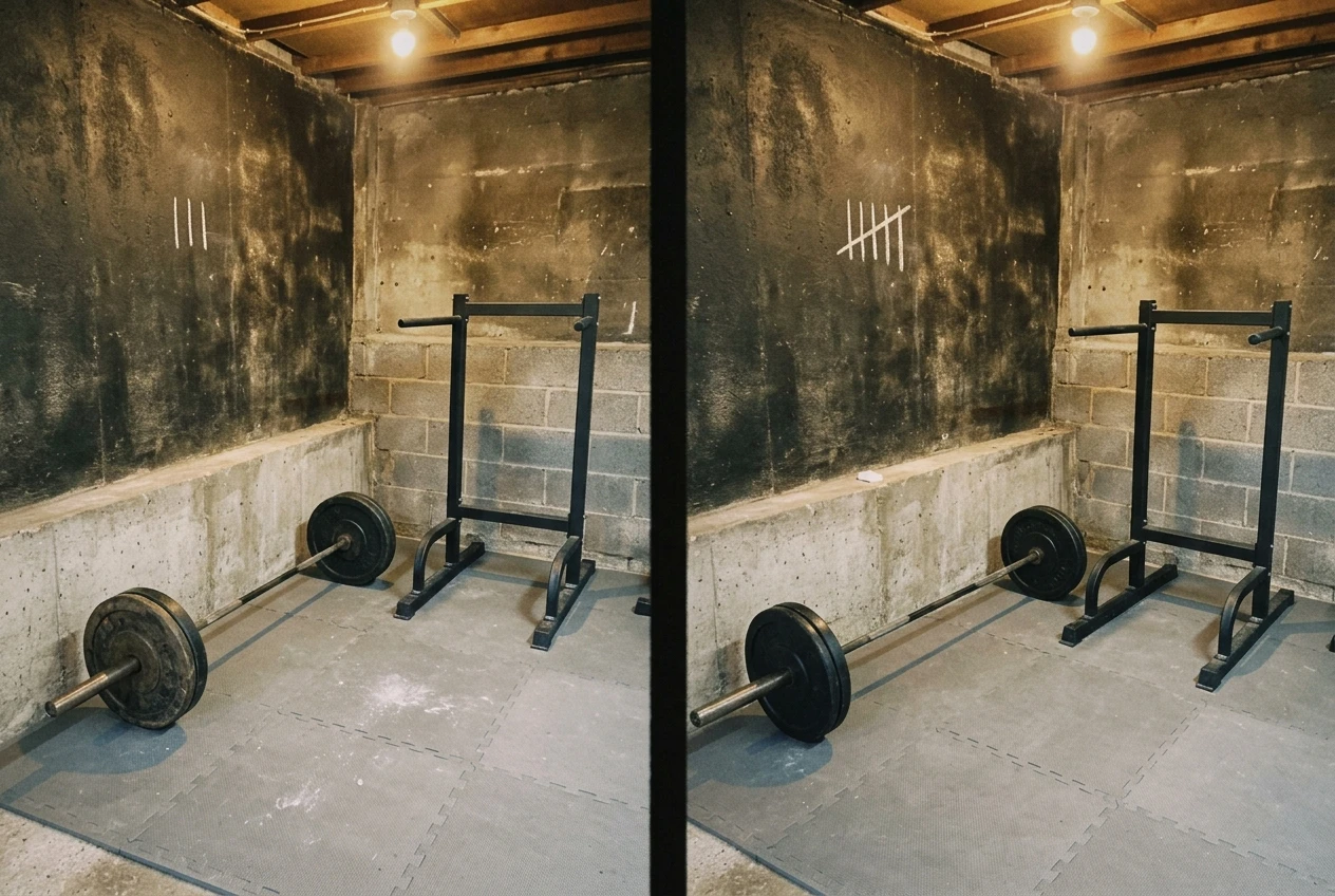 %Back exercises for seniors% 14 Two views of the same accessory station: a barbell row set beside a dip station in a bare garage gym, with a small tally of chalk marks on a wall growing from three strokes to five. Warm overhead light, grey rubber floor, black iron plates.
