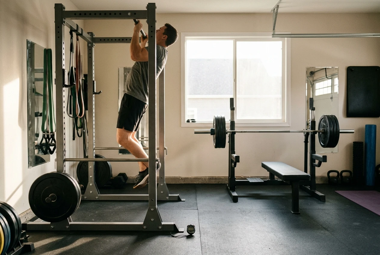%Back exercises for seniors% 15 A lifter doing a chin-up on a rack while a loaded barbell sits ready on a bench a few steps away, set up for an antagonist pair. Side-on view in a tidy home gym with morning window light and a stopwatch on the floor.