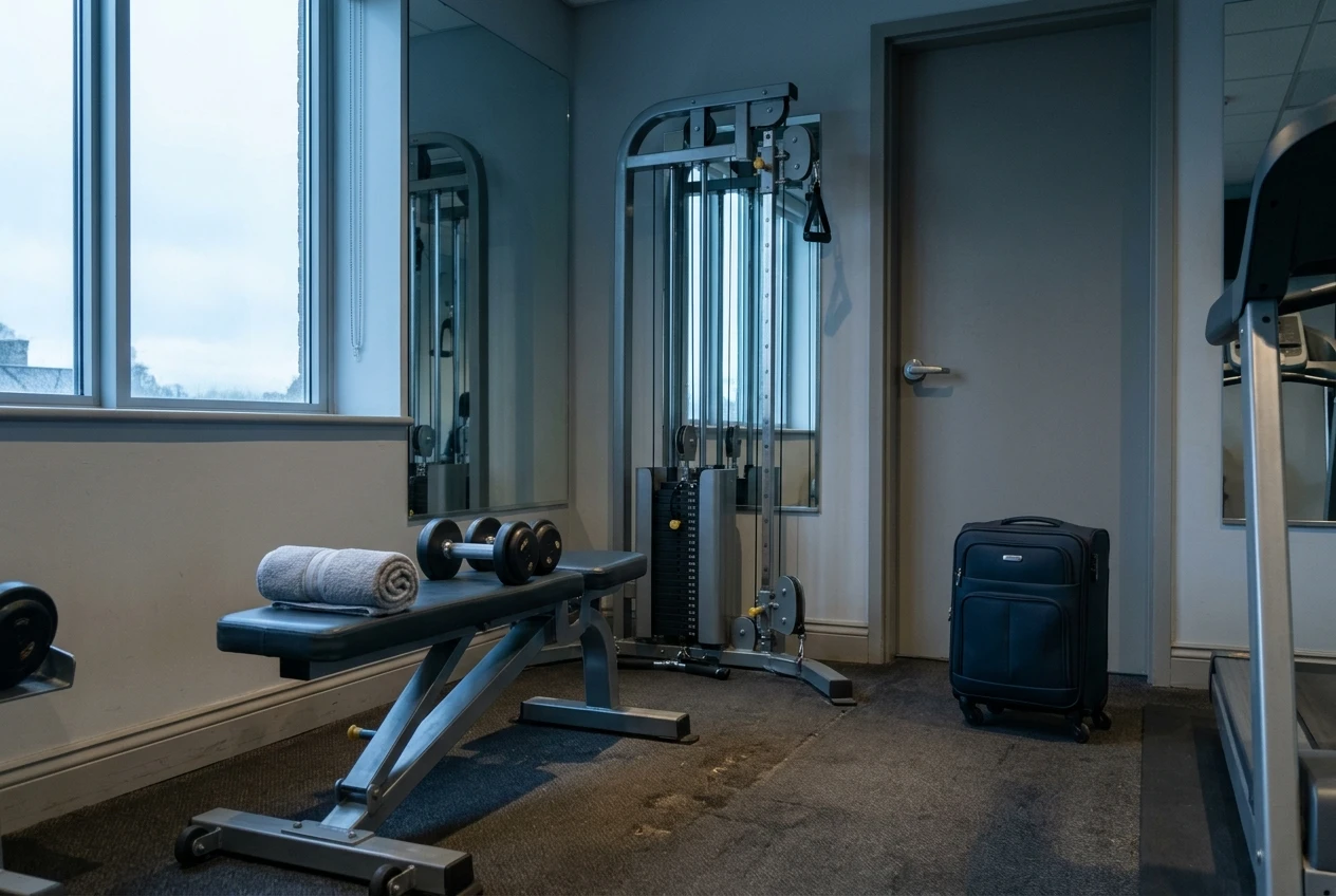 %Back exercises for seniors% 17 A compact hotel gym with a pair of dumbbells on a bench, a cable stack and a rolled towel, with a carry-on suitcase by the door and early grey morning light through a window. Muted blues and neutral tones.