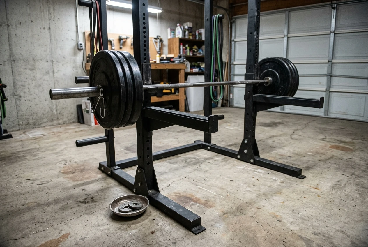 %Back exercises for seniors% 4 A squat rack in a garage with steel safety bars set just below a loaded barbell at squat depth height, a pair of small fractional plates in a dish on the floor beside the barbell sleeve, cool overhead light on black steel and a bare concrete floor.