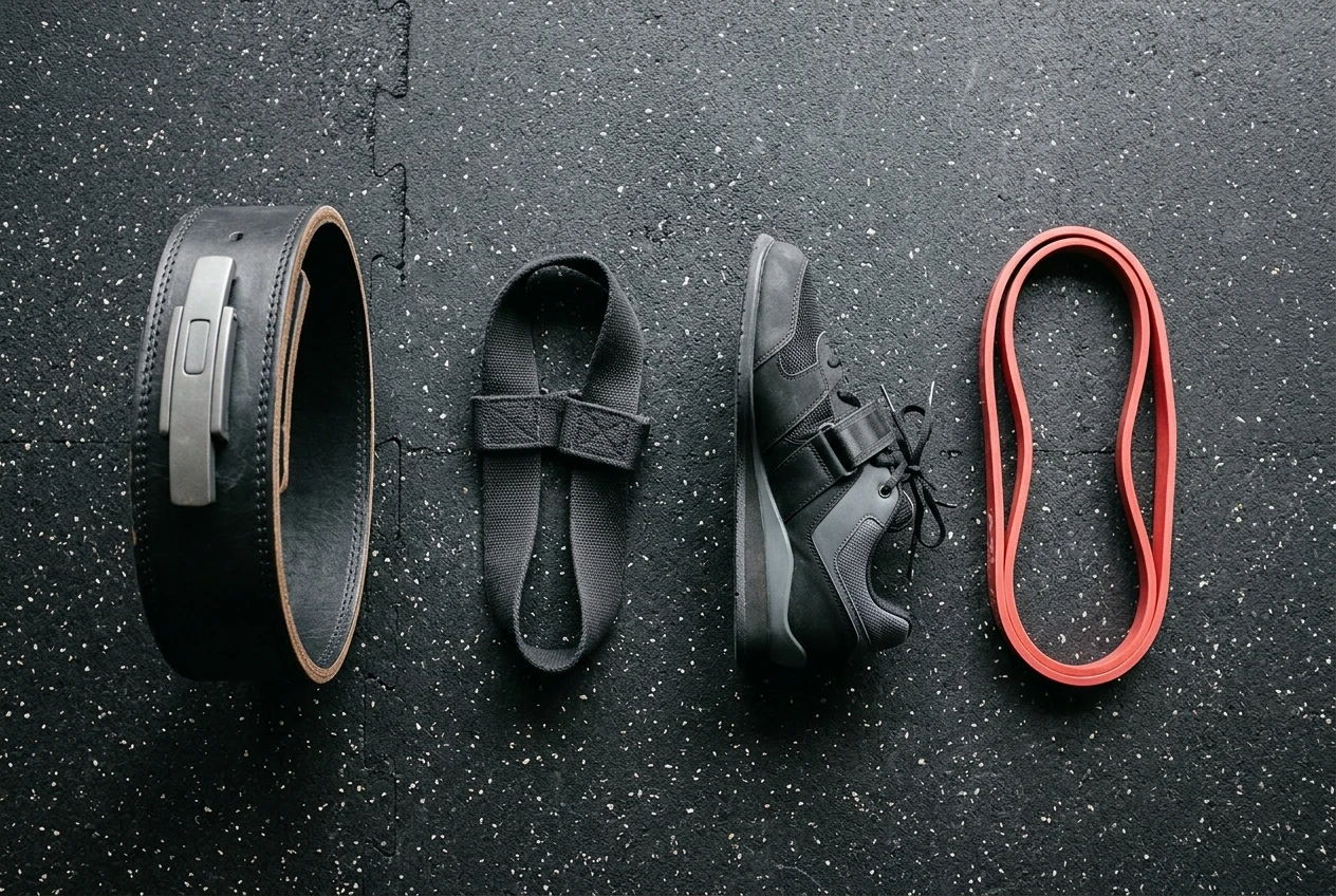 %Back exercises for seniors% 5 A bench-top flat lay of four lifting upgrades side by side on a rubber gym floor: a black leather lever belt, a pair of cotton lifting straps, a flat-soled raised-heel lifting shoe, and a looped resistance band in red, lit from above with soft shadows.