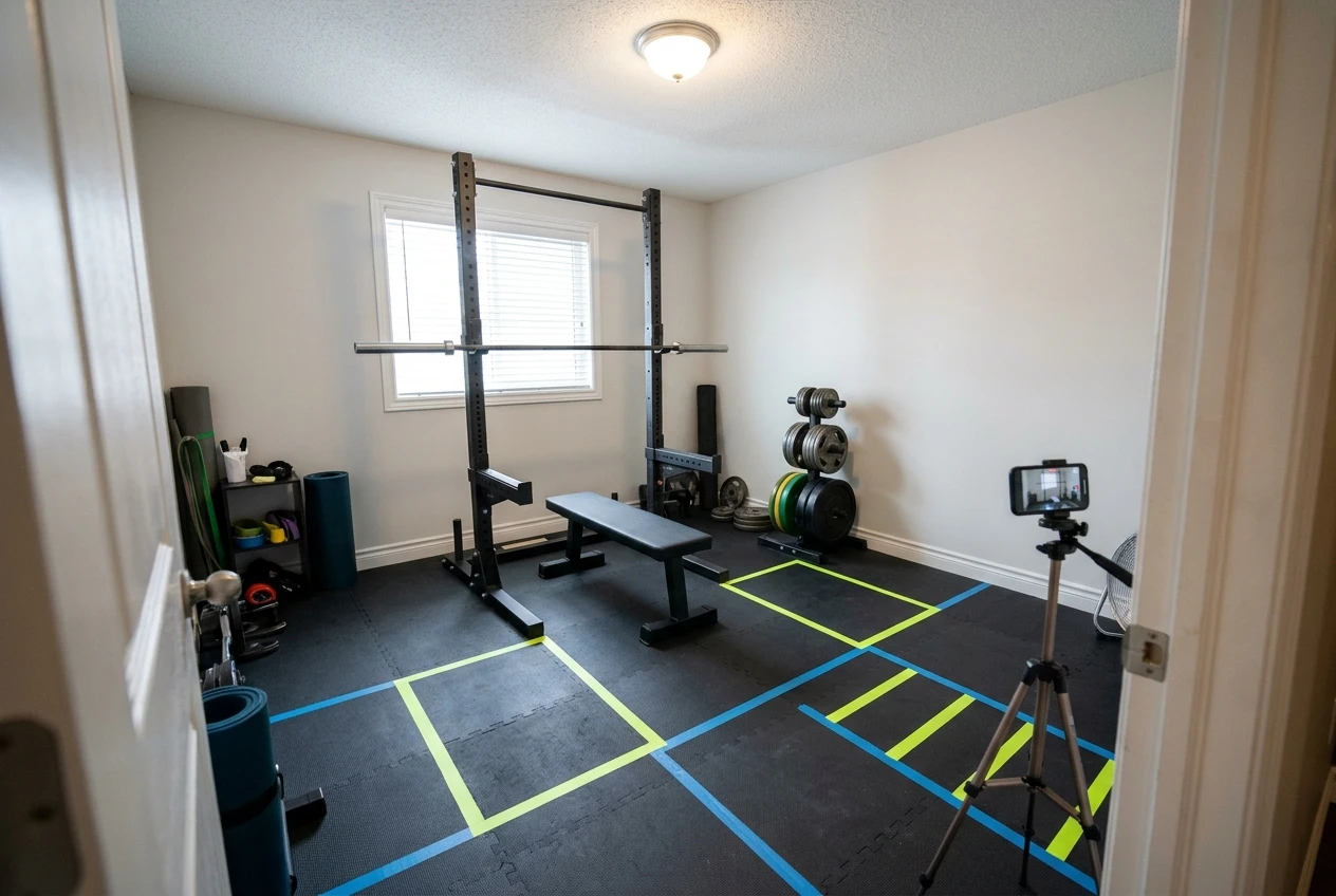 %Back exercises for seniors% 6 A tidy spare-room lifting space viewed from the doorway, with bright tape marks on the floor showing squat, bench and pulling spots, a clear walking lane around a barbell in the rack, plates stacked neatly against the back wall, and a phone on a tripod angled at the lifting spot.