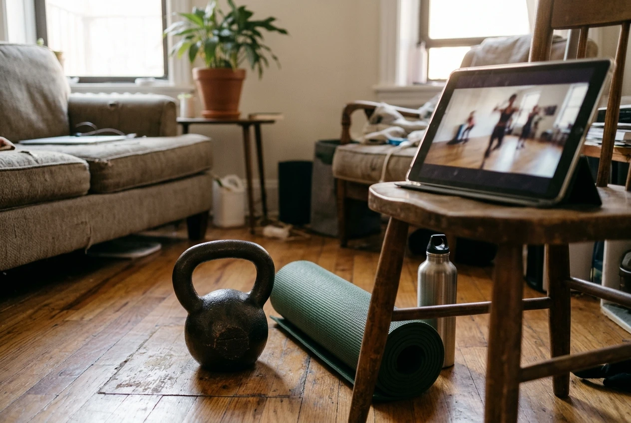 %Back exercises for seniors% 7 A single kettlebell on a small patch of floor in a compact living room, beside a tablet propped on a chair showing a blurred workout session, a rolled mat and a water bottle nearby, soft morning window light.