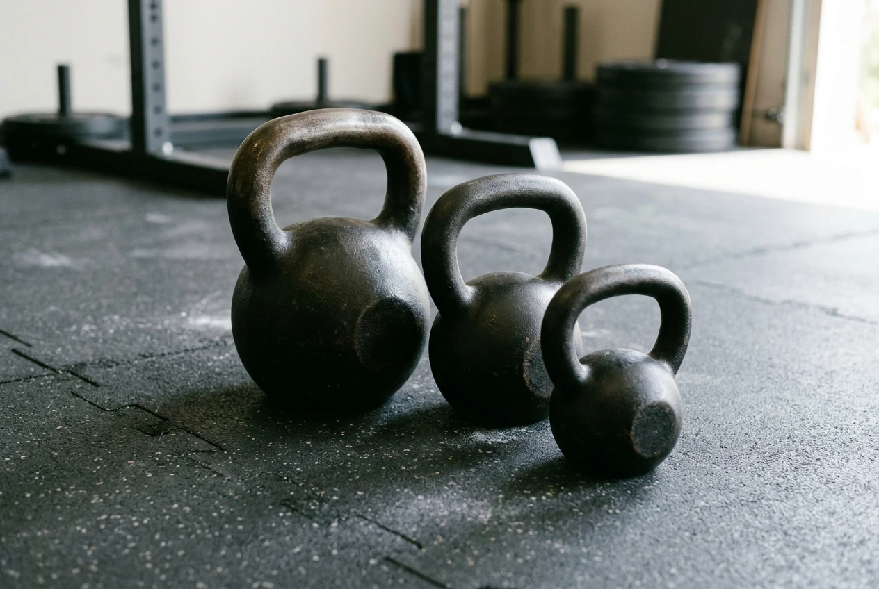 Three kettlebells of clearly different sizes lined up on a rubber gym floor in soft side light: a large dark cast iron bell for swings, a mid-sized one beside it, and a small bell in front for pressing, with a suitcase-carry handle grip worn smooth on the largest.