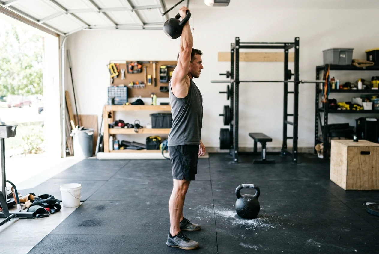 A lifter's single arm locked out overhead pressing a kettlebell, shot from the side in a bright garage gym, with the shoulder and triceps tensed and a heavier bell resting on the floor nearby, hinting that the next size up is too much.