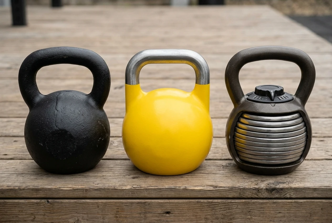Three kettlebell types side by side on a plain wooden platform: a matte black cast iron bell with a rough seam, a bright yellow powder-coated competition bell with a smooth wide handle, and an adjustable bell with stacked plates and a dial, lit by even daylight.