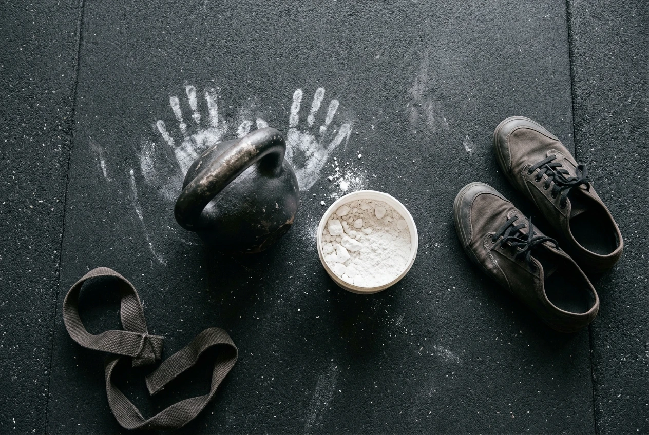 A flat-lay of useful kettlebell gear on a dense dark rubber mat: an open tub of white chalk with chalky handprints beside a bell handle, and a pair of flat-soled shoes, with lifting straps left off to one side.