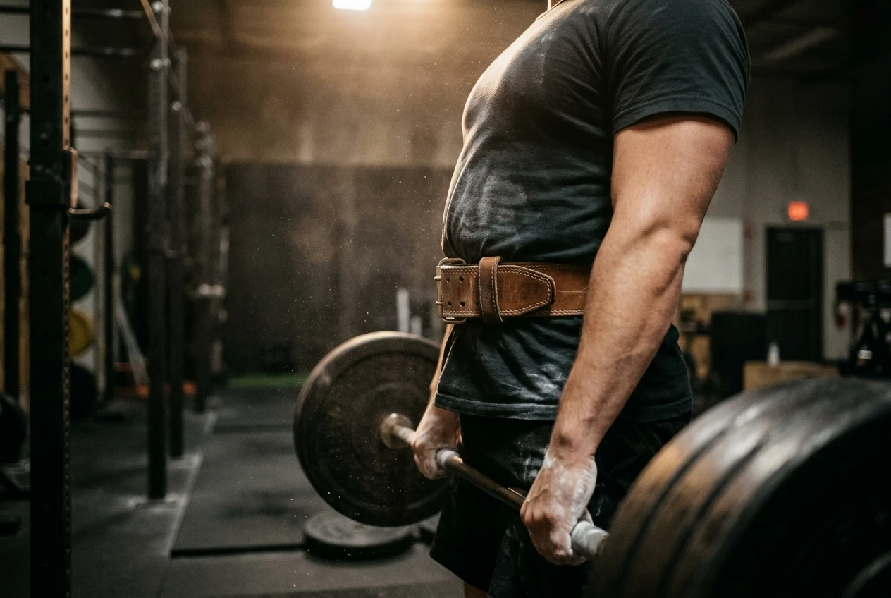 A lifter's torso in side view at the top of a heavy deadlift in a dim gym, a thick leather belt cinched around the waist, abdomen visibly pushed out against it, chalk dust hanging in warm overhead light.