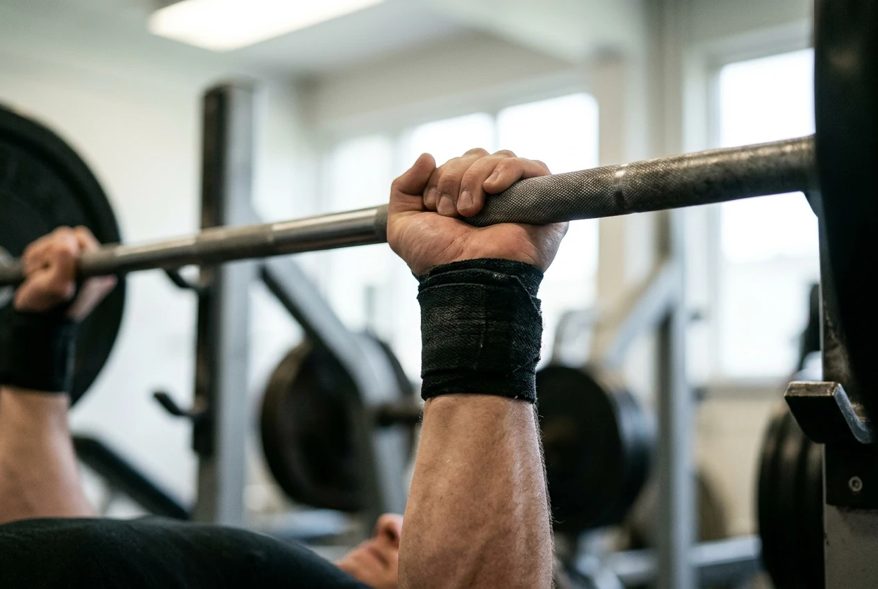 Close-up of a hand gripping a barbell on a bench press, a black wrist wrap snug around the joint, the forearm stacked straight over the bar, with a rack and pale gym light blurred behind.