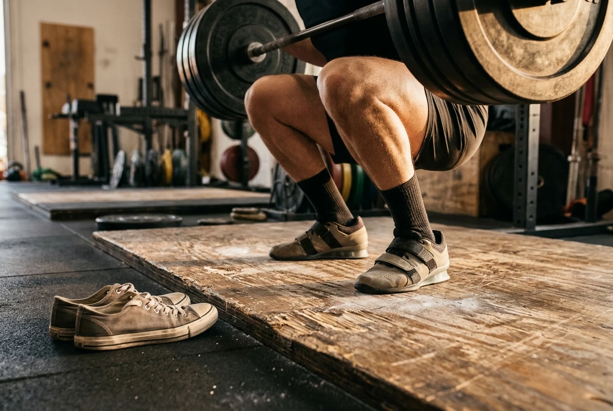Low angle of a pair of raised-heel lifting shoes planted on a wooden platform beneath a loaded barbell in the bottom of a squat, next to a flat-soled pair resting on the floor for comparison, warm side light.