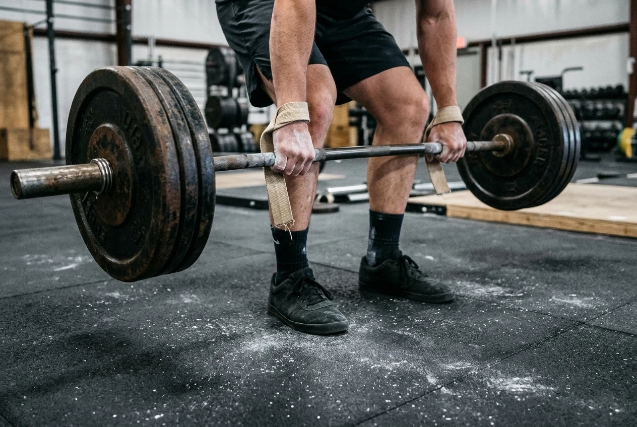 A heavy barbell mid-pull just above the knees, cotton lifting straps looped around the bar and wrapped on the wrists, hands relaxed, with chalk-dusted rubber floor and steel plates in the foreground.