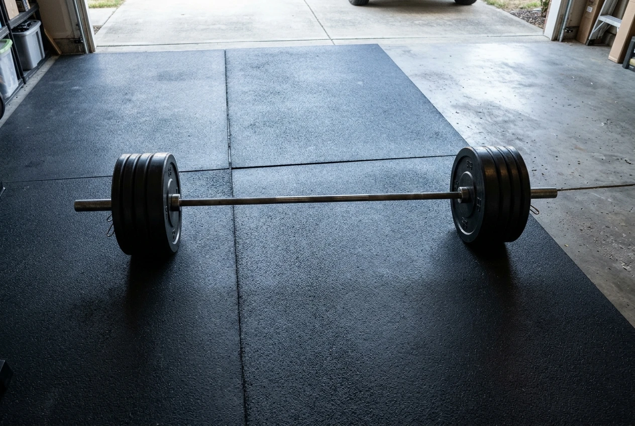 Black horse stall mats cut and laid edge to edge on a garage floor, with one seam running between two sheets and a loaded barbell with bumper plates resting at the center of a single sheet. Cool daylight from a half-open garage door, grey concrete visible at the edge.