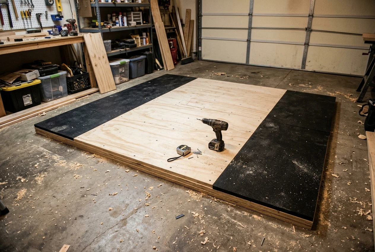 A half-built lifting platform in a home garage: stacked plywood sheets screwed together in the middle, black rubber strips fitted along the sides, a drill and tape measure resting on the pale wood. Warm overhead light, sawdust on the concrete floor.