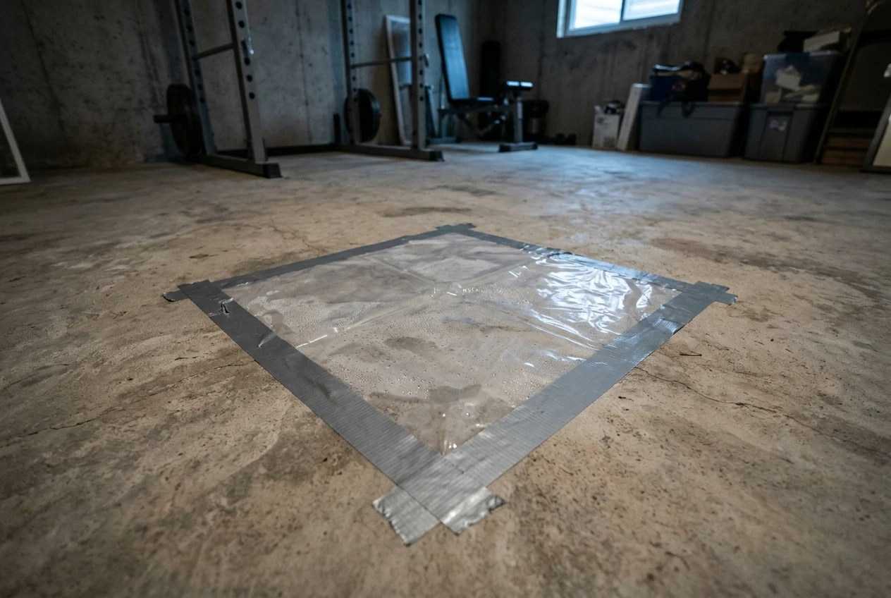 A square of clear plastic sheeting taped down to a bare basement concrete slab, with faint beads of condensation visible underneath it, a squat rack stored in the background. Dim, cool light from a small basement window.