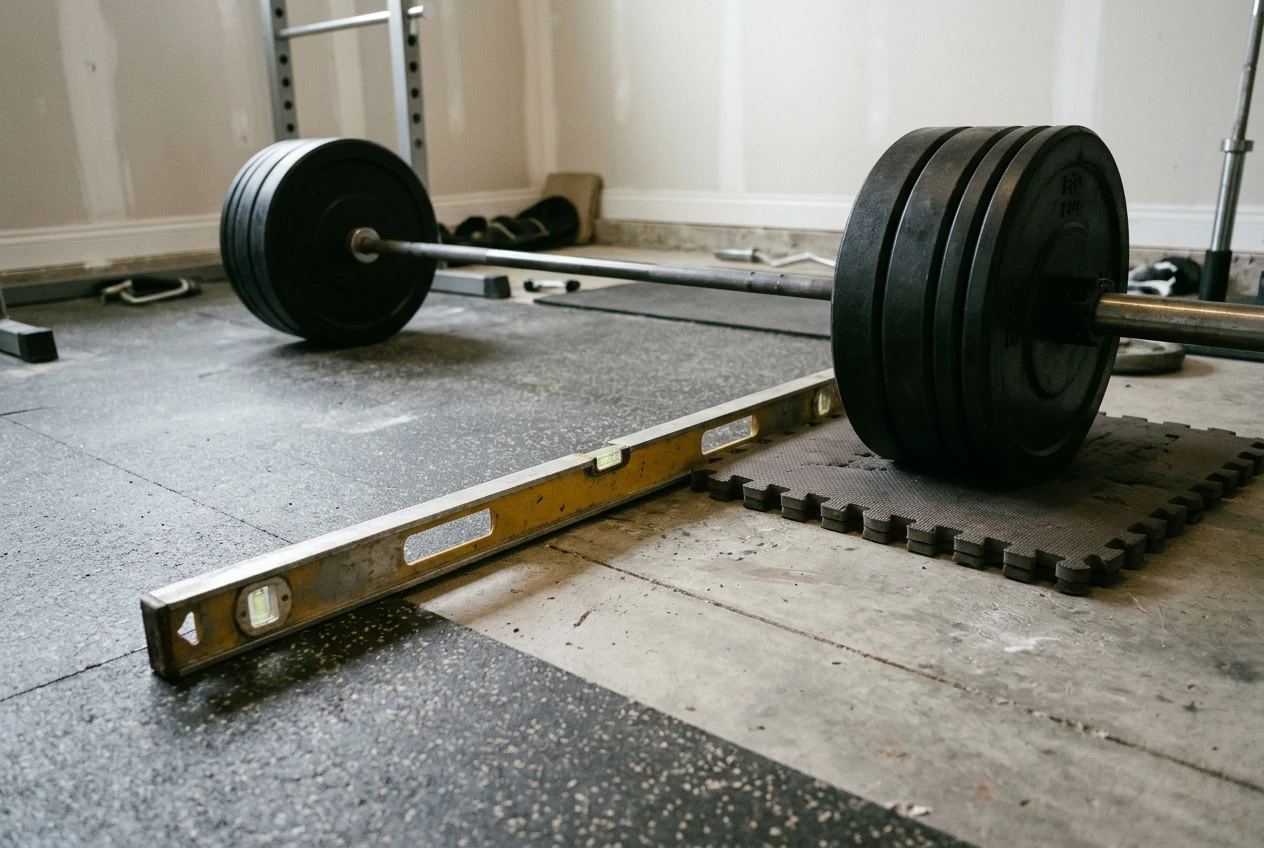 A long spirit level lying across a gym floor beside a loaded barbell, with a soft foam mat compressed unevenly under one end of the bar's path, seen low to the ground. Even, neutral light in a spare room.