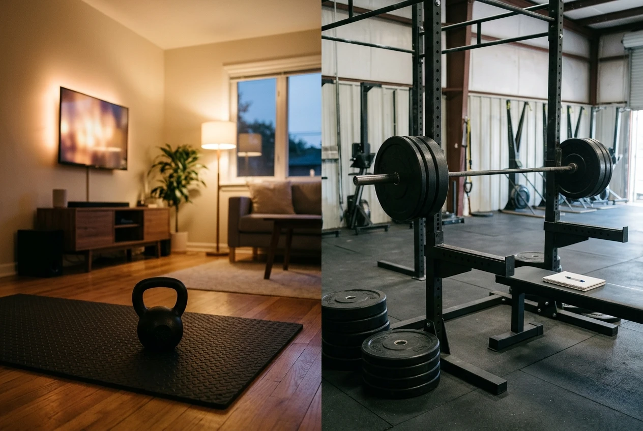 A split scene: on the left, a kettlebell on a rubber mat in a living room facing a wall-mounted TV glowing softly in warm evening light; on the right, a loaded barbell in a squat rack in a gym with a notebook on a bench, plates stacked beside it.