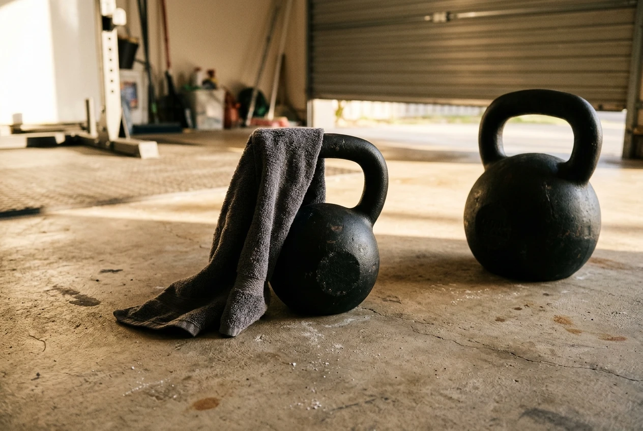 A single mid-weight black kettlebell resting on a garage floor next to a much heavier bell pushed to the side, morning light through a roller door, a towel draped over the handle of the lighter one.